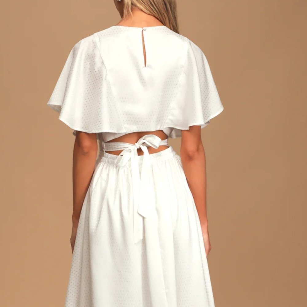 Size Small - Cabaret Queen White Polka Dot Embossed Satin Backless Midi Dress